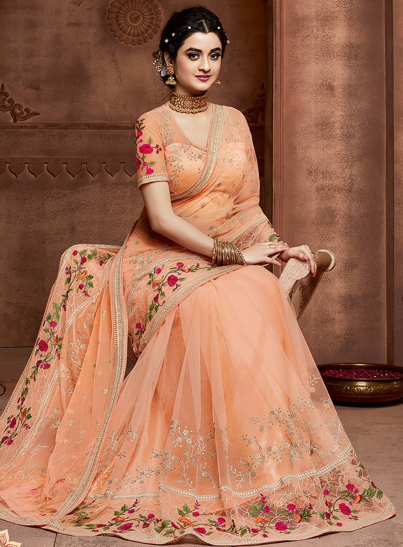 Wedding Party Peach Net Embroidered Designer Saree