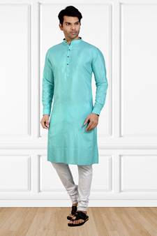 Turquoise plain cotton kurta-pajama