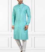 Turquoise plain cotton kurta-pajama