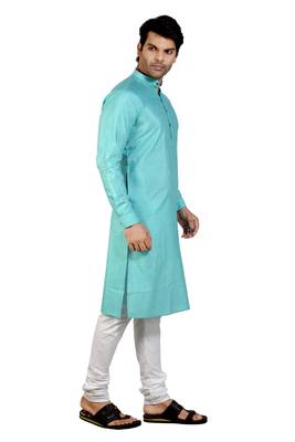 Turquoise plain cotton kurta-pajama 4