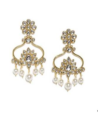 Gold Plated Traditional Floral Drop Kundan & Pearl Jewellery Earring for Women 2