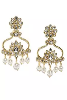 Gold Plated Traditional Floral Drop Kundan & Pearl Jewellery Earring for Women