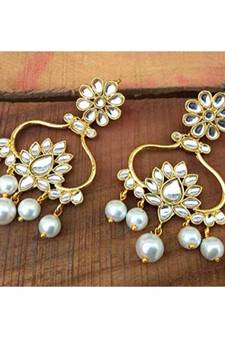 Gold Plated Traditional Floral Drop Kundan & Pearl Jewellery Earring for Women