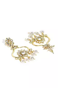 Gold Plated Traditional Floral Drop Kundan & Pearl Jewellery Earring for Women
