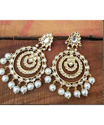 Gold Plated Traditional Chandbali Drop Kundan & Pearl Jewellery Earring for Women  1