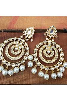 Gold Plated Traditional Chandbali Drop Kundan & Pearl Jewellery Earring for Women (E2855W)