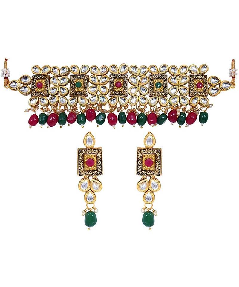 Traditional Gold Plated Kundan & Beads Choker Necklace Jewellery Set for Women