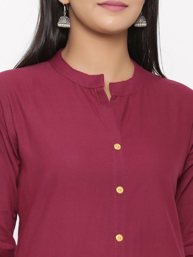 Women's Wine Cotton Printed A-line Kurta