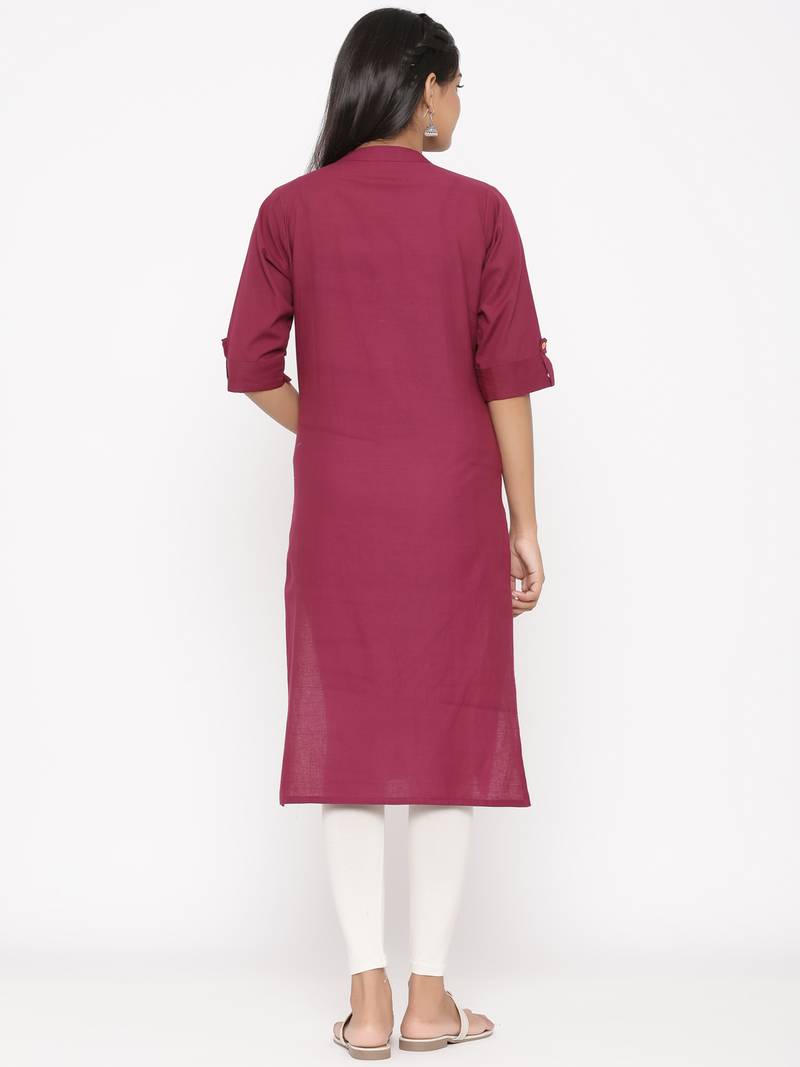 Women's Wine Cotton Printed A-line Kurta
