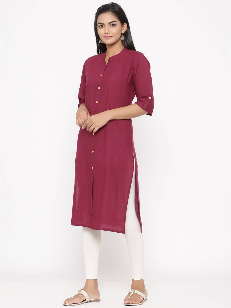 Women's Wine Cotton Printed A-line Kurta