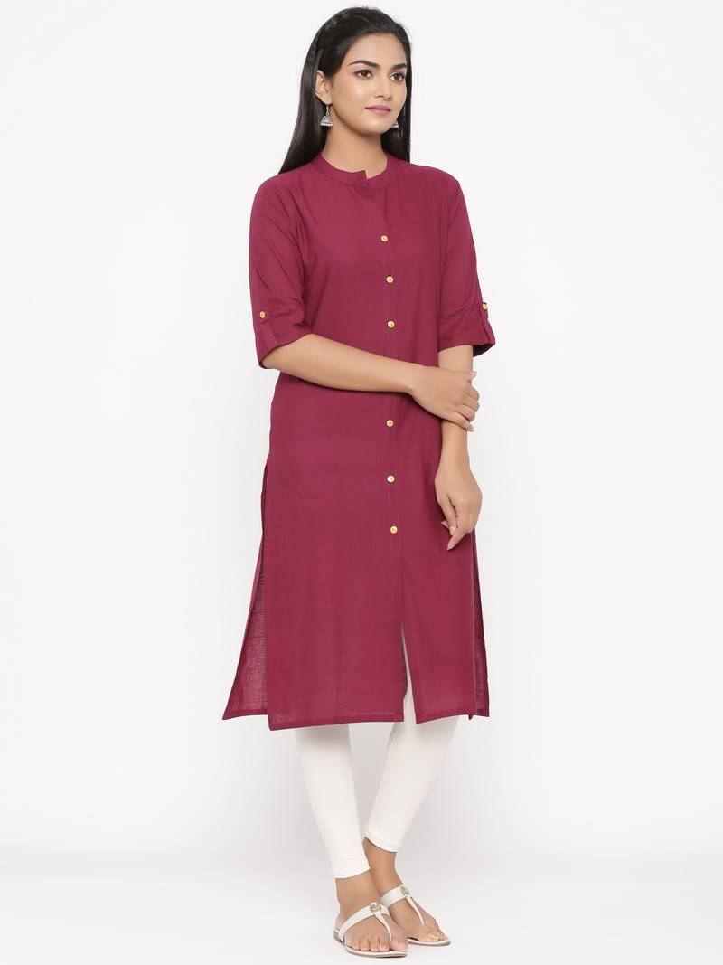 Women's Wine Cotton Printed A-line Kurta