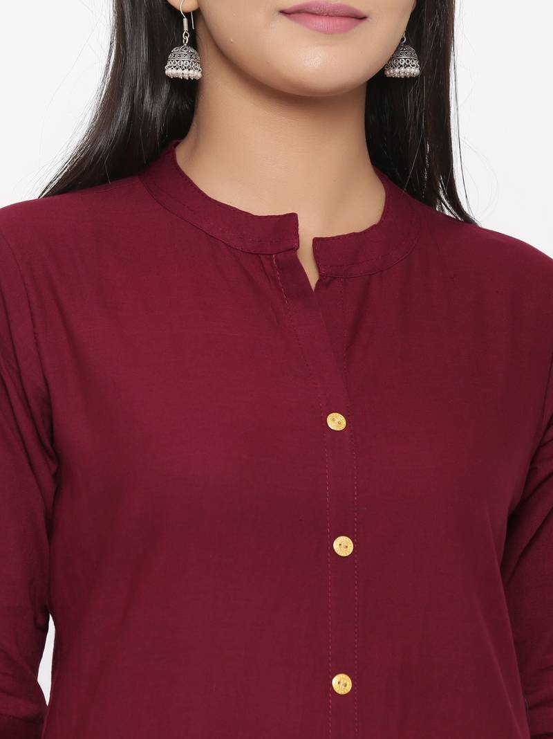 Women's Maroon Cotton Printed A-line Kurta