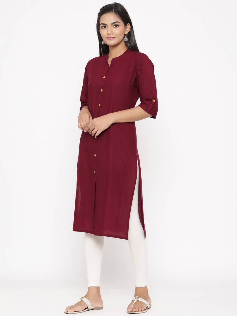 Women's Maroon Cotton Printed A-line Kurta