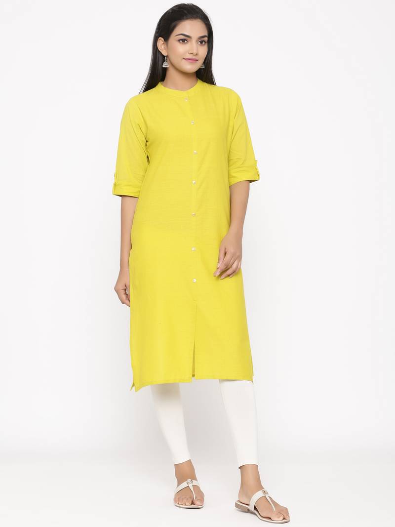 Women's Lemon Cotton Printed A-line Kurta