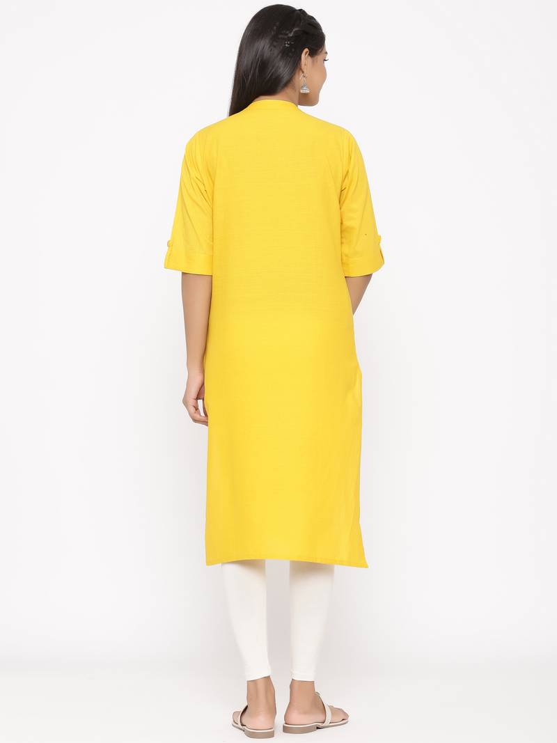 Women's Mustard Cotton Printed A-line Kurta