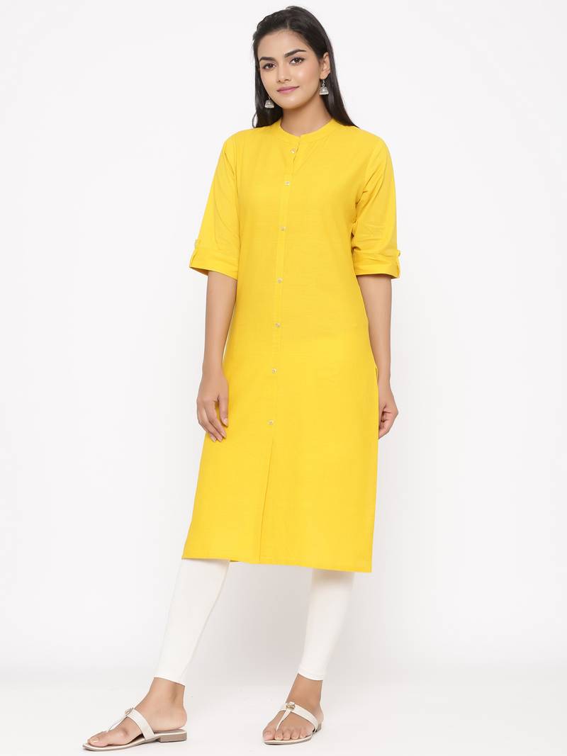 Women's Mustard Cotton Printed A-line Kurta