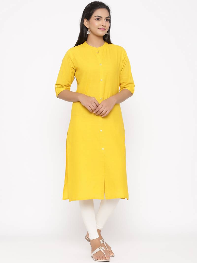 Women's Mustard Cotton Printed A-line Kurta