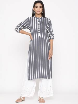 Women's Gray Cotton Printed A-line Kurta plazzo 1