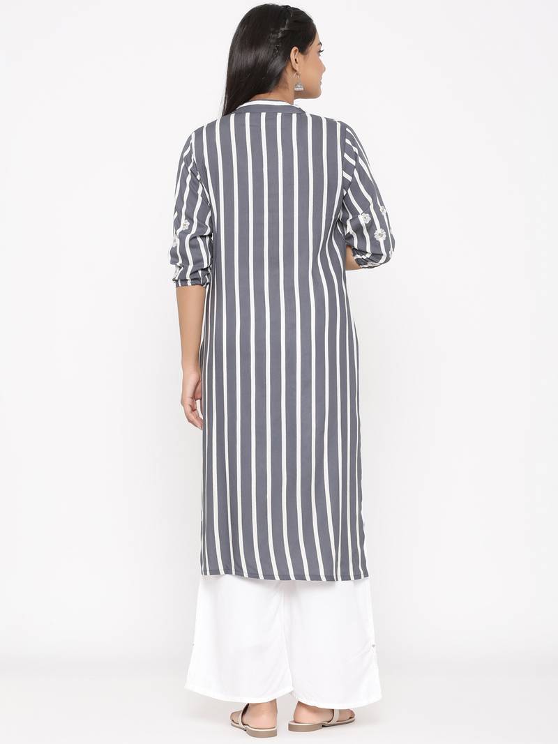 Women's Gray Cotton Printed A-line Kurta plazzo
