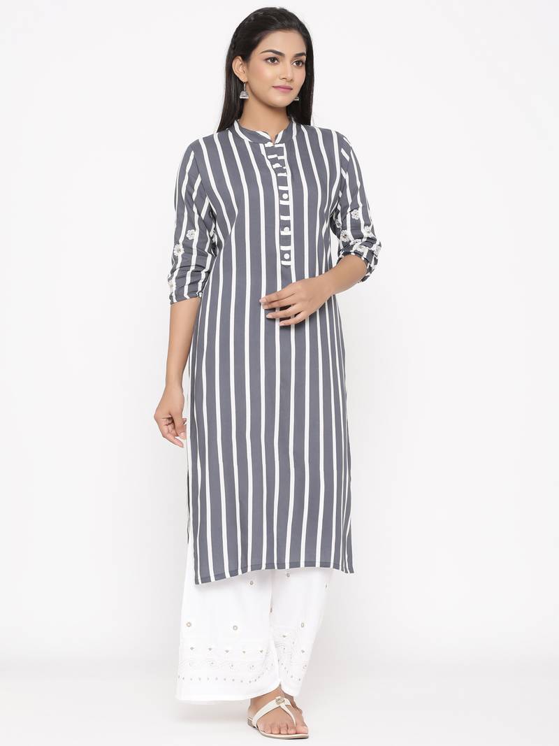 Women's Gray Cotton Printed A-line Kurta plazzo