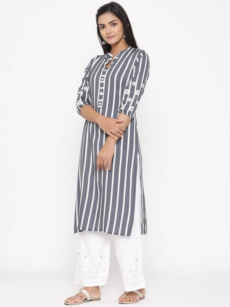 Women's Gray Cotton Printed A-line Kurta plazzo