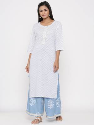 Women's White Cotton Printed A-line Kurta plazzo 1