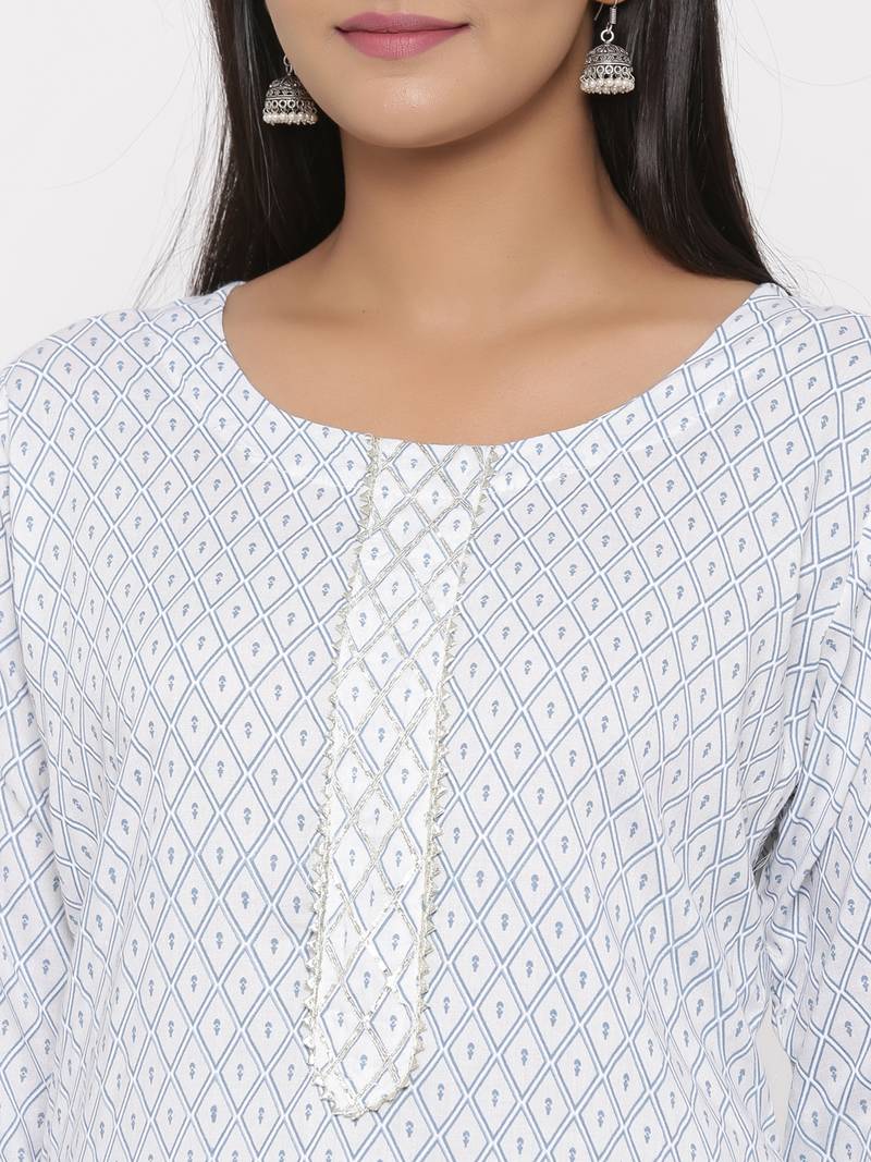 Women's White Cotton Printed A-line Kurta plazzo