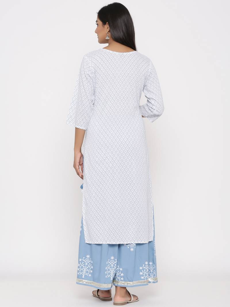 Women's White Cotton Printed A-line Kurta plazzo