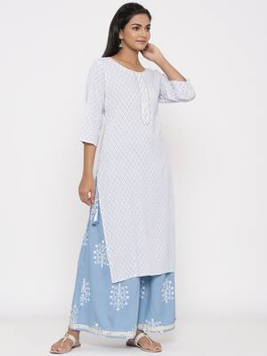 Women's White Cotton Printed A-line Kurta plazzo 4