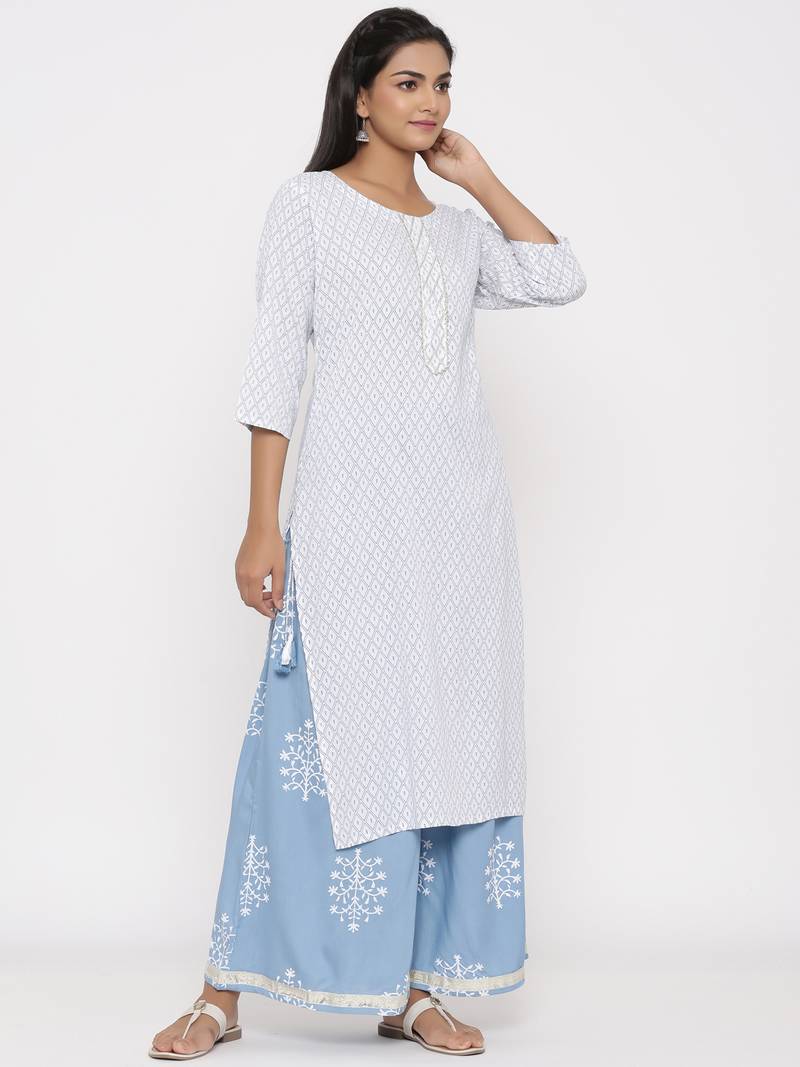Women's White Cotton Printed A-line Kurta plazzo