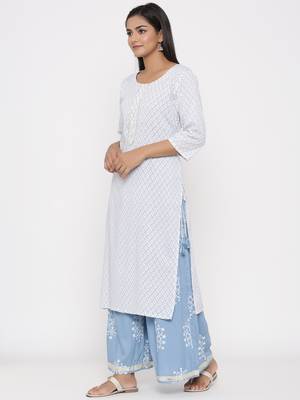 Women's White Cotton Printed A-line Kurta plazzo 5
