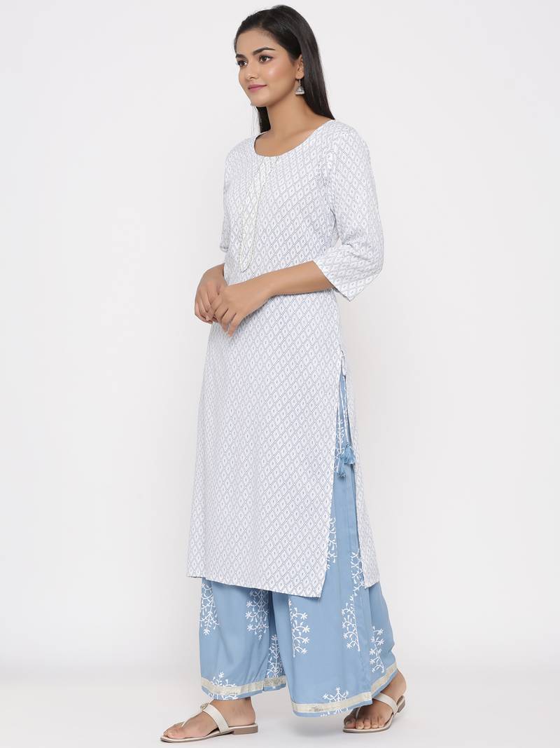 Women's White Cotton Printed A-line Kurta plazzo