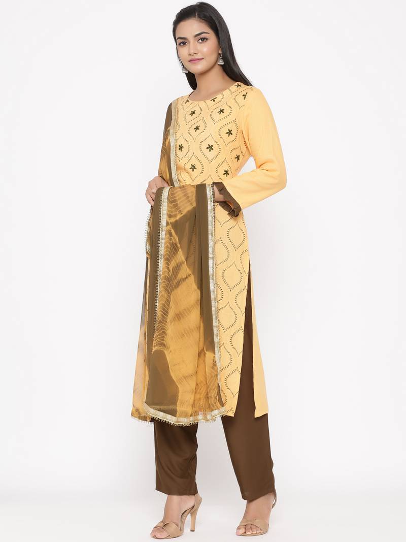 Women's Yellow Cotton Printed A-line Kurta plazzo