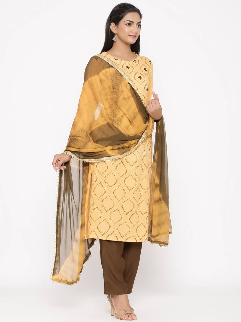 Women's Yellow Cotton Printed A-line Kurta plazzo