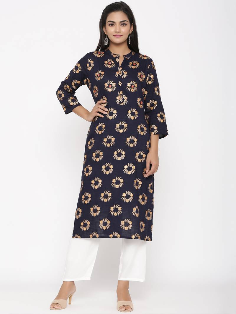 Navy A-Line Kurta With Printed Salwar