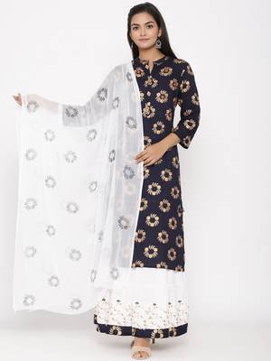 Women's Navy Blue Cotton Printed A-line Kurta plazzo 1