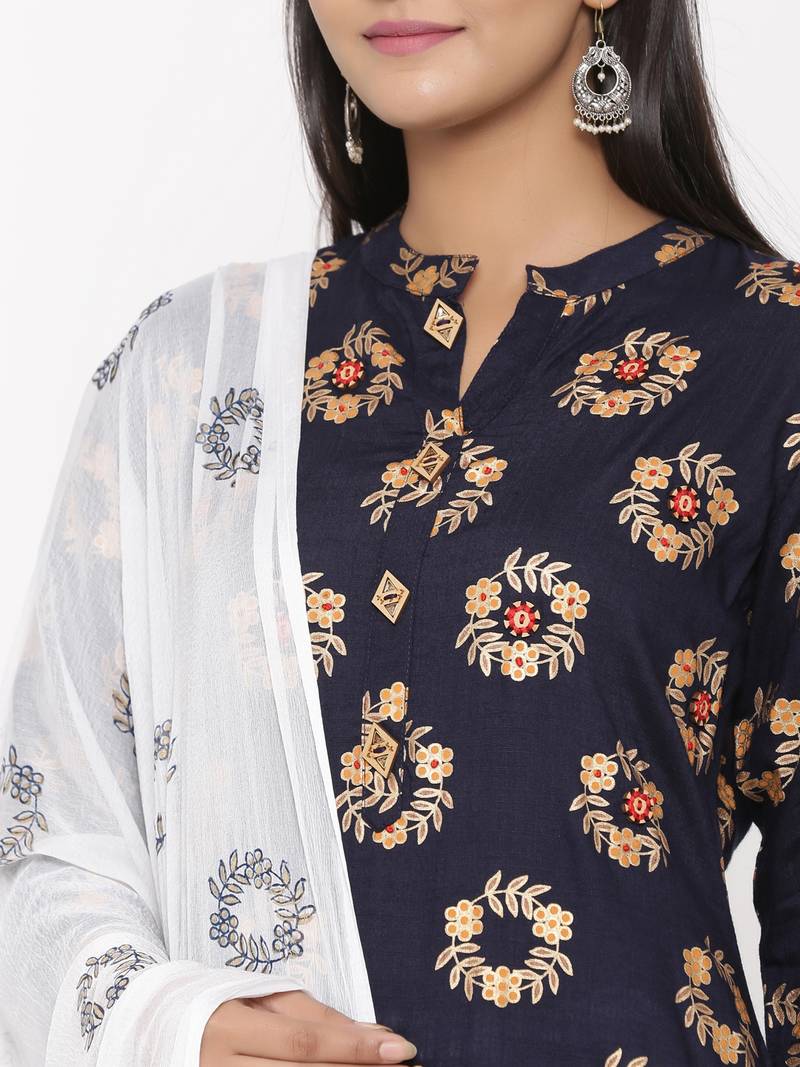Women's Navy Blue Cotton Printed A-line Kurta plazzo