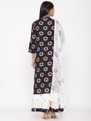 Women's Navy Blue Cotton Printed A-line Kurta plazzo 3