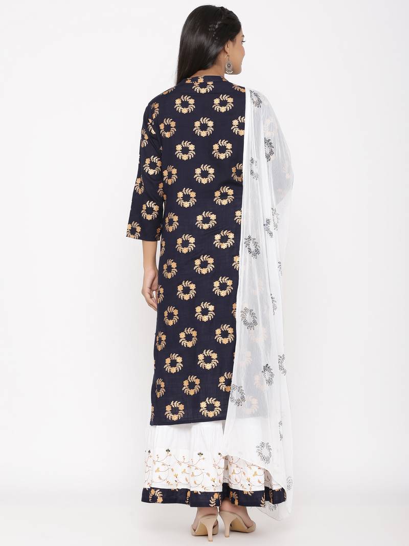 Women's Navy Blue Cotton Printed A-line Kurta plazzo