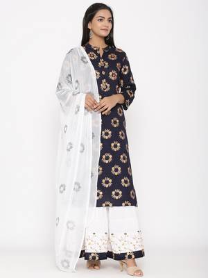 Women's Navy Blue Cotton Printed A-line Kurta plazzo 4