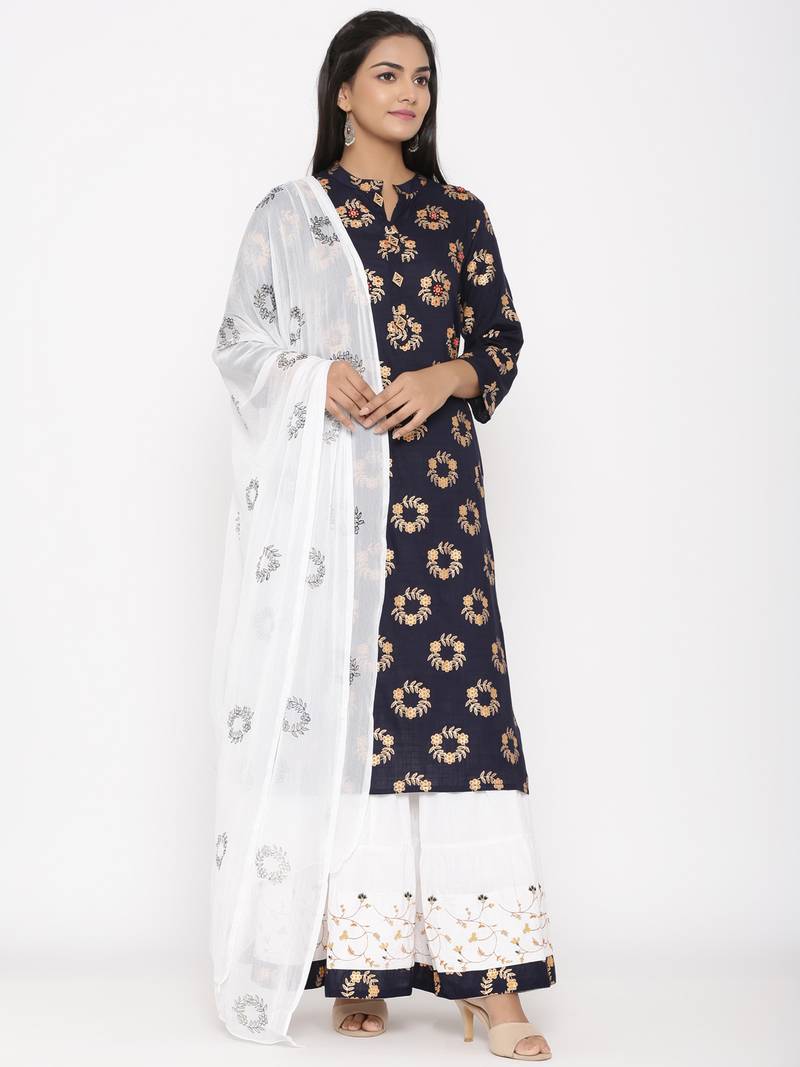 Women's Navy Blue Cotton Printed A-line Kurta plazzo