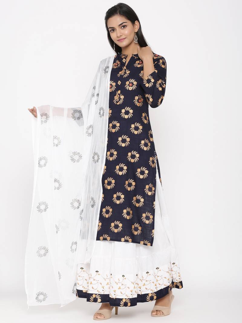 Women's Navy Blue Cotton Printed A-line Kurta plazzo