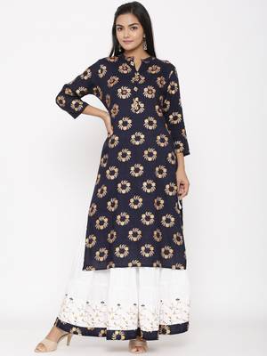 Women's Navy Blue Cotton Printed A-line Kurta plazzo 6