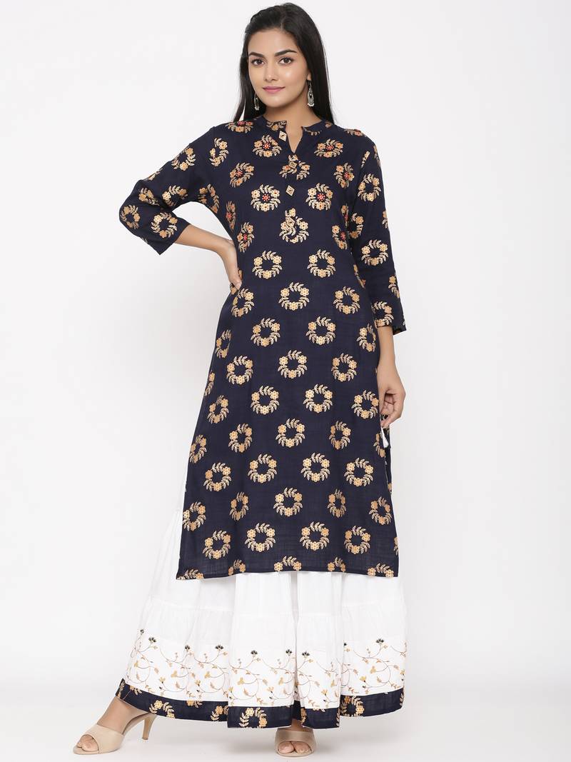 Women's Navy Blue Cotton Printed A-line Kurta plazzo