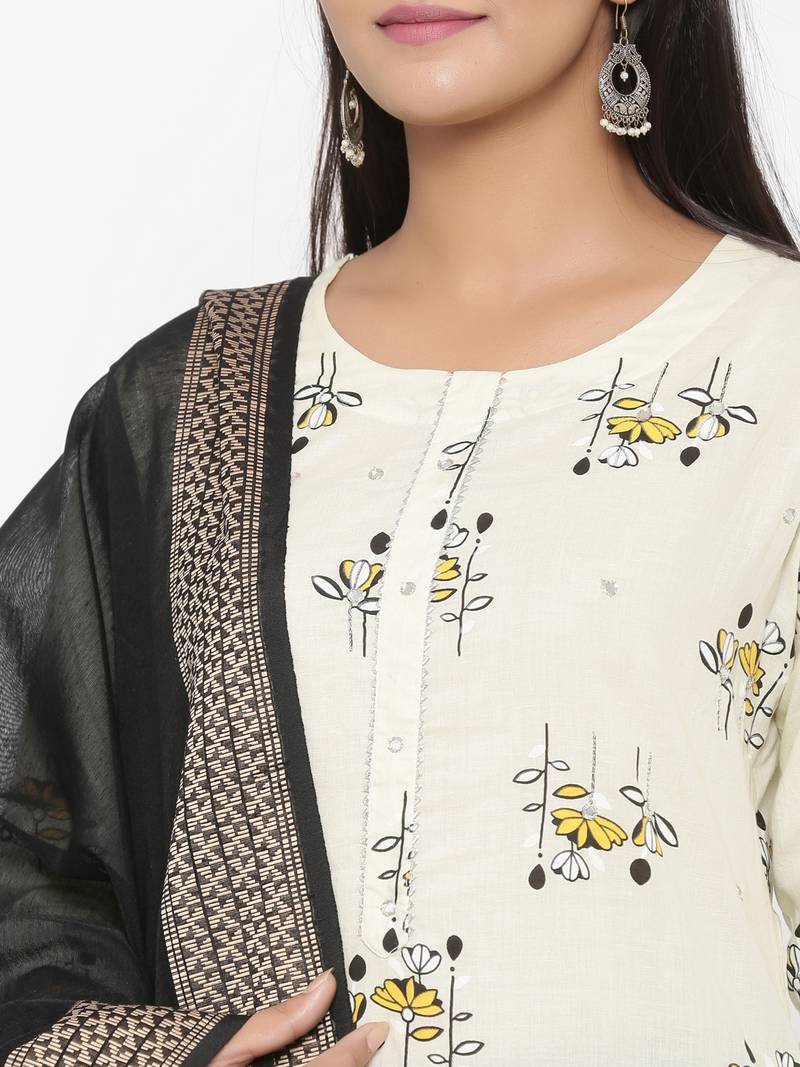 Women's Cream Cotton Printed A-line Kurta plazzo