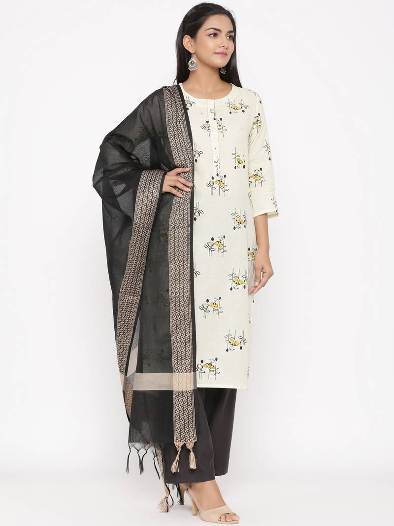 Women's Cream Cotton Printed A-line Kurta plazzo