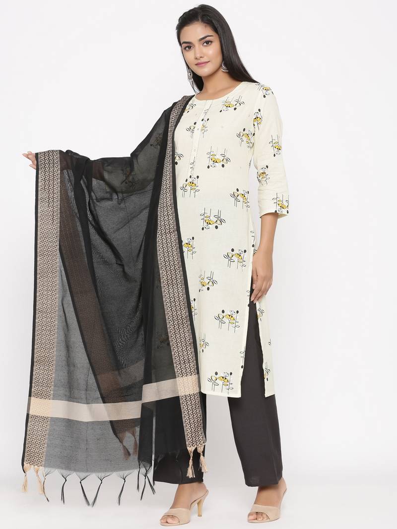 Women's Cream Cotton Printed A-line Kurta plazzo