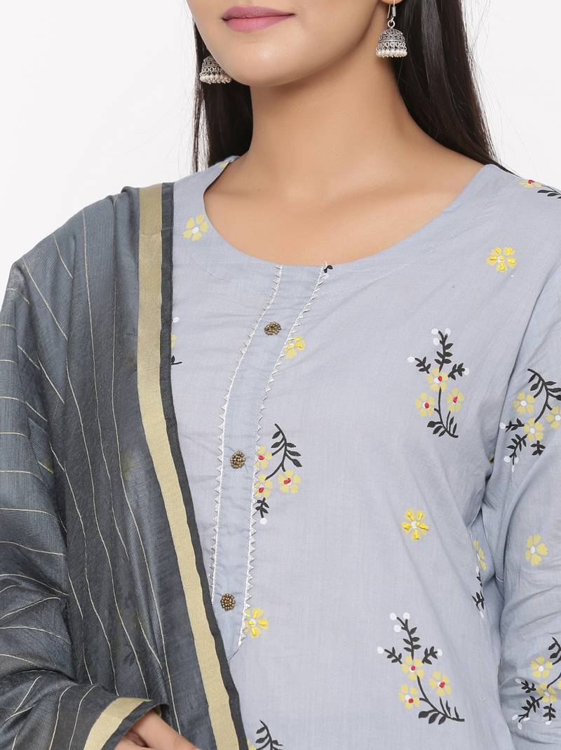 Women's Grey Cotton Printed A-line Kurta plazzo