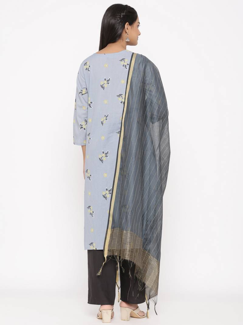 Women's Grey Cotton Printed A-line Kurta plazzo