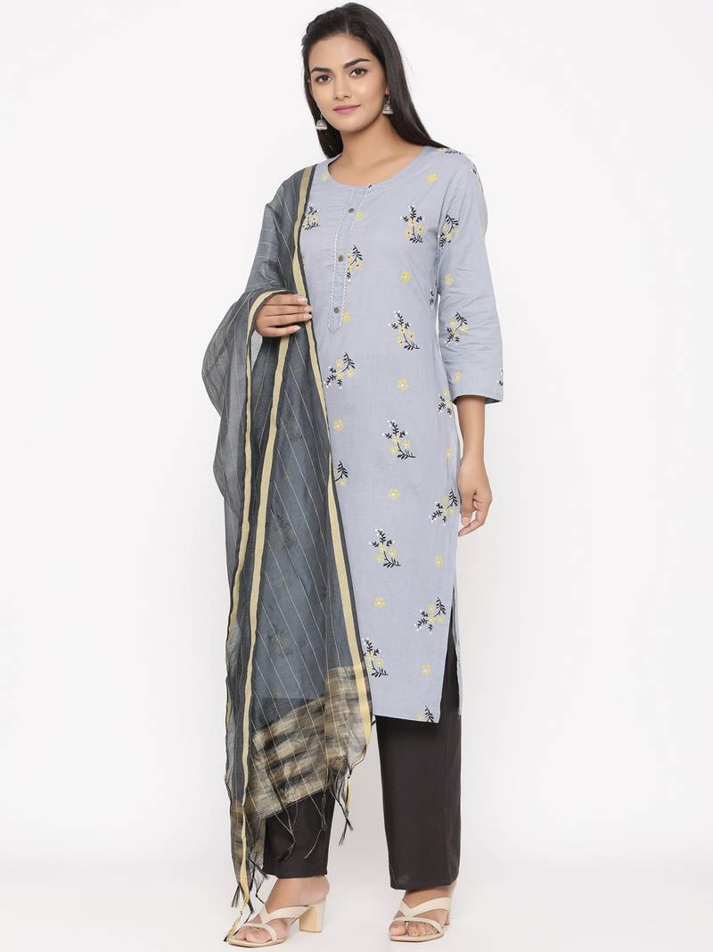 Women's Grey Cotton Printed A-line Kurta plazzo